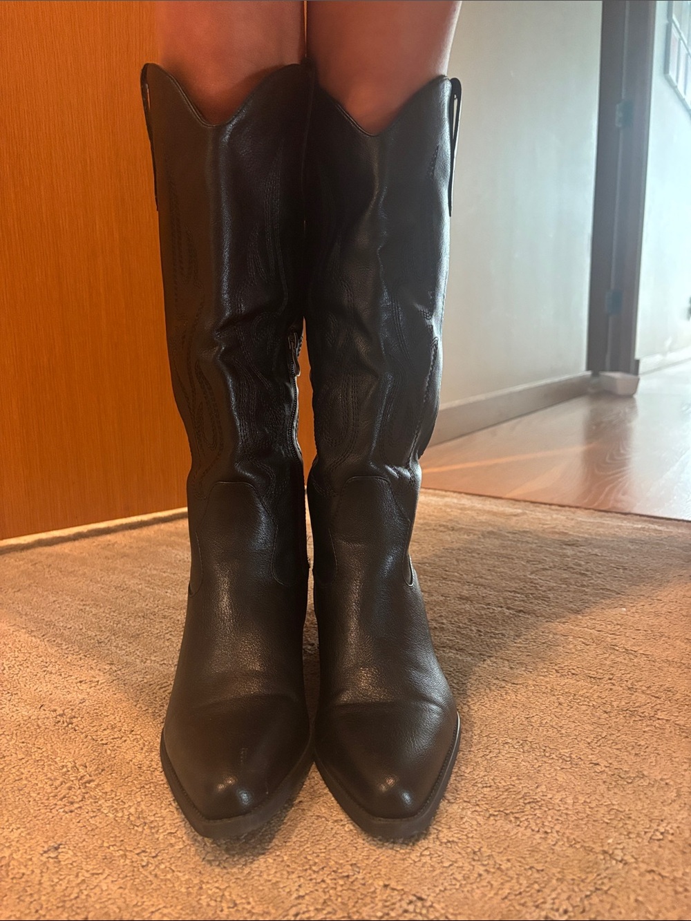 Classic Black Knee-High Western Boots - Women's Stylish Leather Look